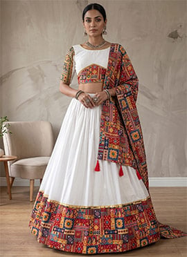 Multicolored Rayon Cotton Mirror Work Embroidered Chaniya Choli For Navratri