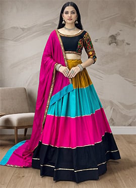 Multicolored Rayon Cotton Mirror Work Embroidered Chaniya Choli For Garba