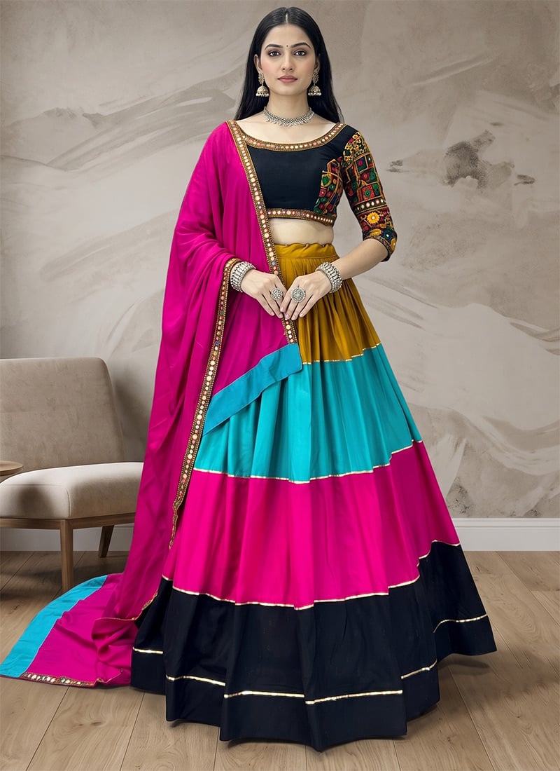 Multicolored Rayon Cotton Mirror Work Embroidered Chaniya Choli For Garba Festive Wear