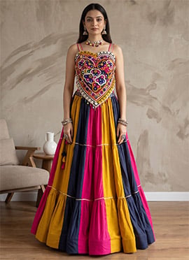 Multicolored Rayon Cotton Mirror Work Embroidered Indo Western Chaniya Choli For Garba