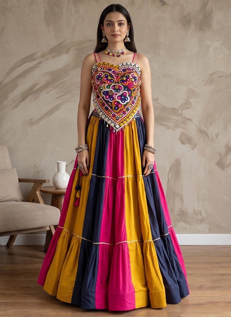 Multicolored Rayon Cotton Mirror Work Embroidered Indo Western Chaniya Choli For Garba Festive Wear