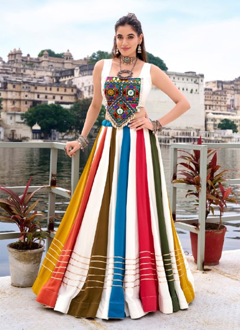 Multicolored Rayon Indowestern Skirt Set With Gota Kutch Work Festive Wear