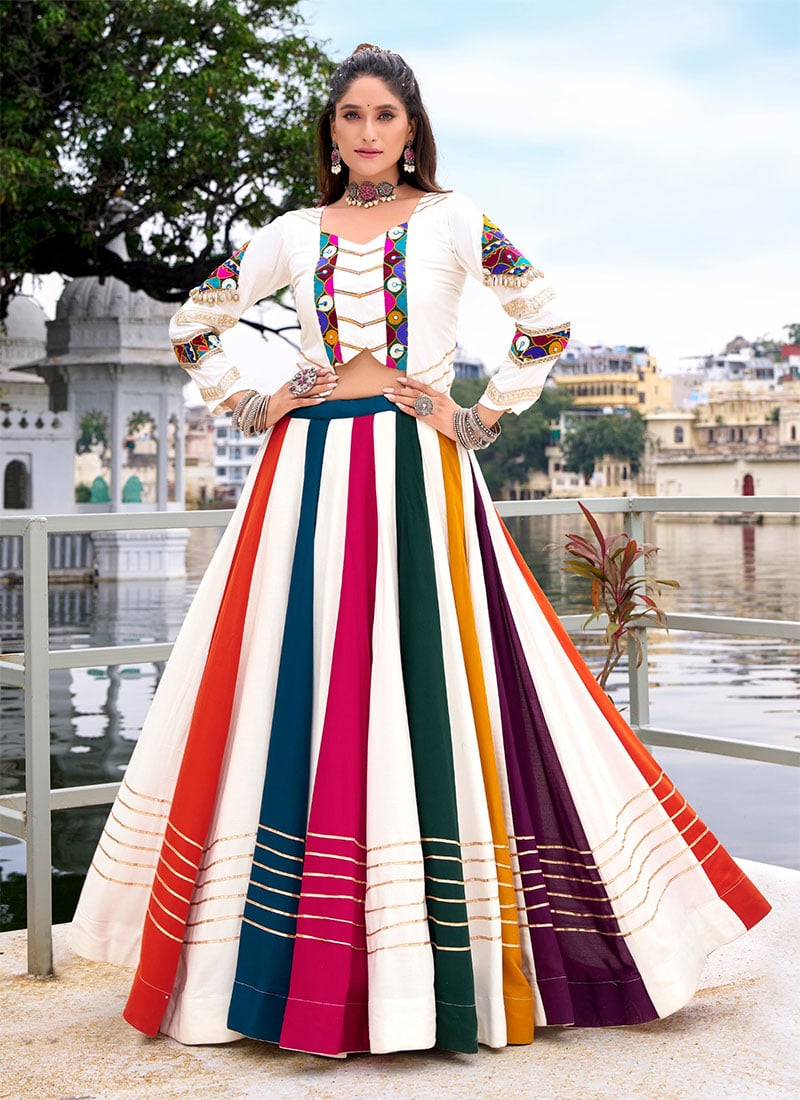 Multicolored Rayon Indowestern Skirt Set With Gota Kutch Work Festive Wear