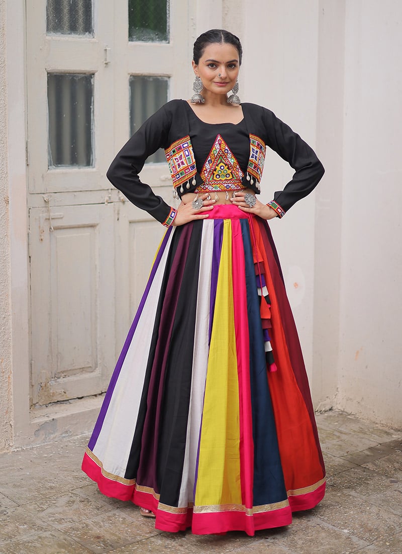 Multicolored Roman Silk Mirror Work Kutch Work Indowestern Skirt Set Festive Wear