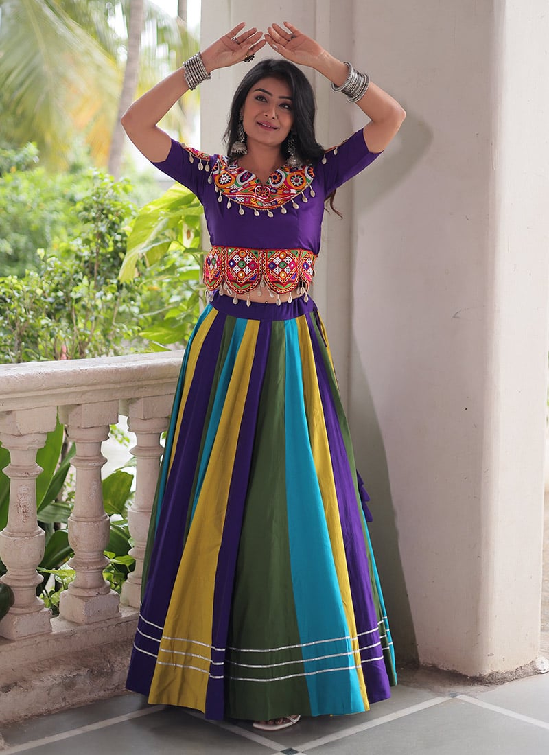 Multicolored Roman Silk Mirror Work Kutch Work Skirt Set Festive Wear
