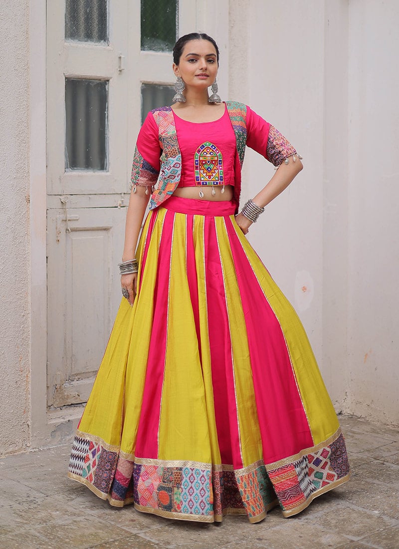 Multicolored Roman Silk Printed Sequins Gota Kutch Work Indowestern Jacket Lehenga Festive Wear