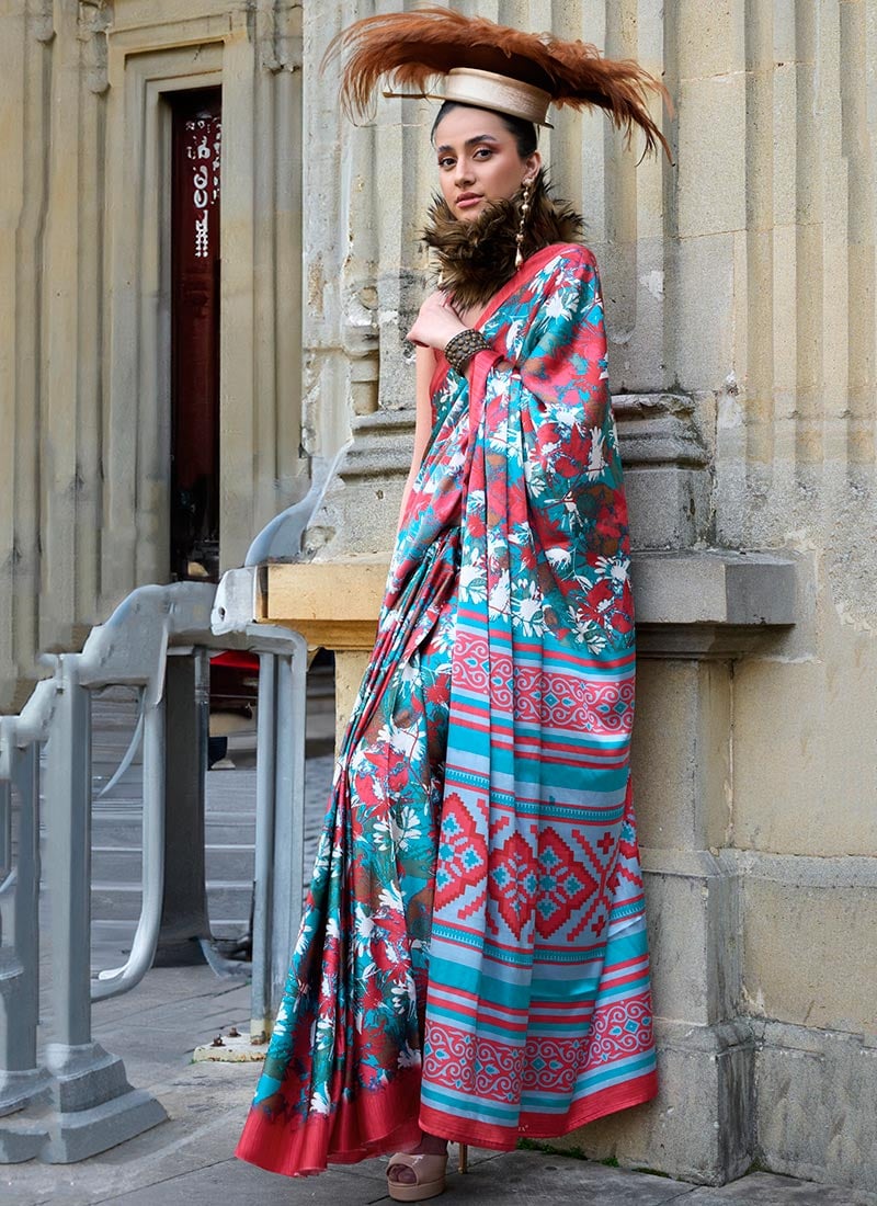 Multicolored Satin Digital Print Saree After Six Wear-SASLI2556396004