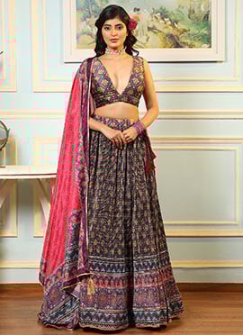 Multicolored Satin Silk Digital Printed Work A Line Lehenga