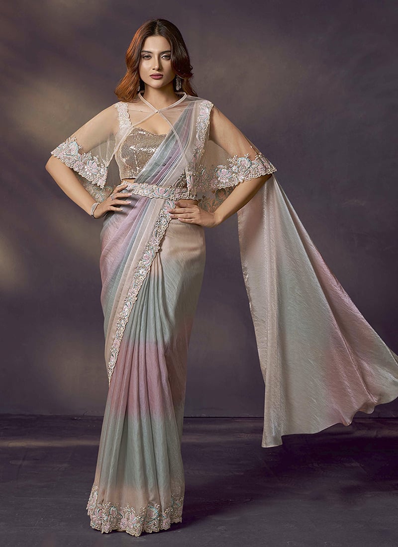 Multicolored Satin Silk Hand Embroidered Pre Draped Cape Saree  Wedding Wear