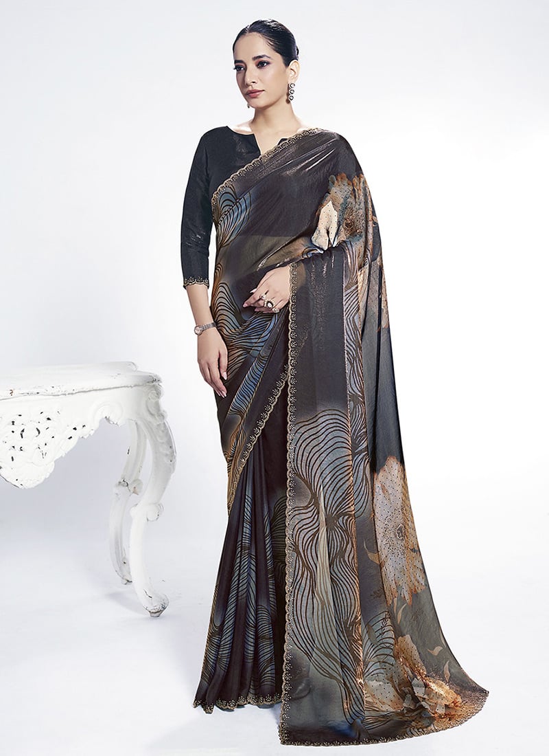 Multicolored Satin Silk Stone Work Saree