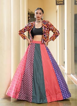 Multicolored Silk Crepe Kutch And Mirror Work With Printed  Jacket Lehenga