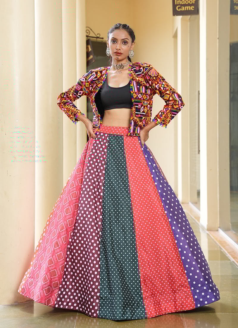 Multicolored Silk Crepe Kutch And Mirror Work With Printed  Jacket Lehenga