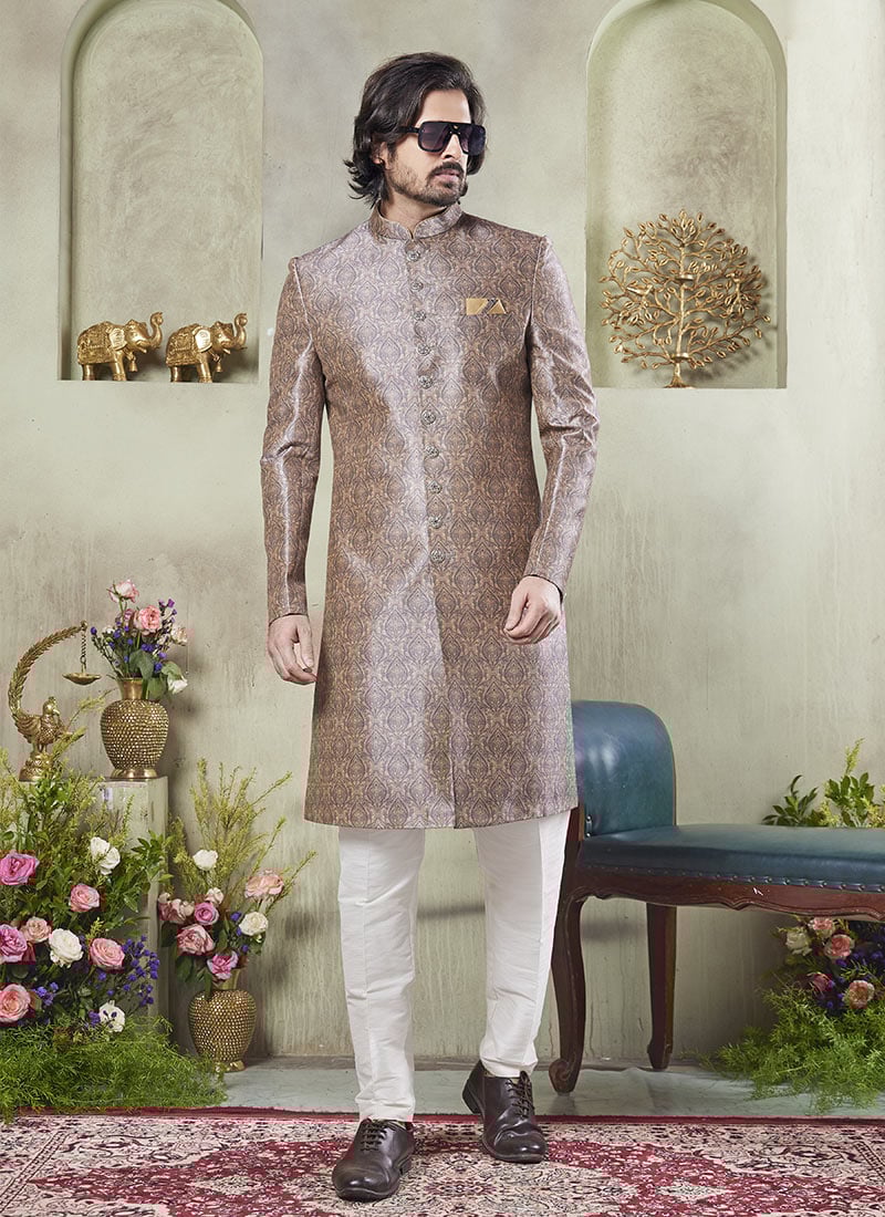 Multicolored Silk Digital Print Classic Sherwani Festive Wear
