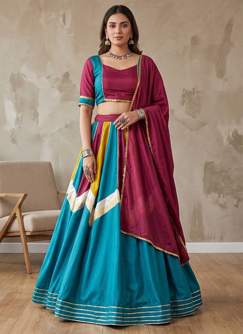 Multicolored Silk Mirror Work Navratri Chaniya Choli For Dandiya Night Festive Wear