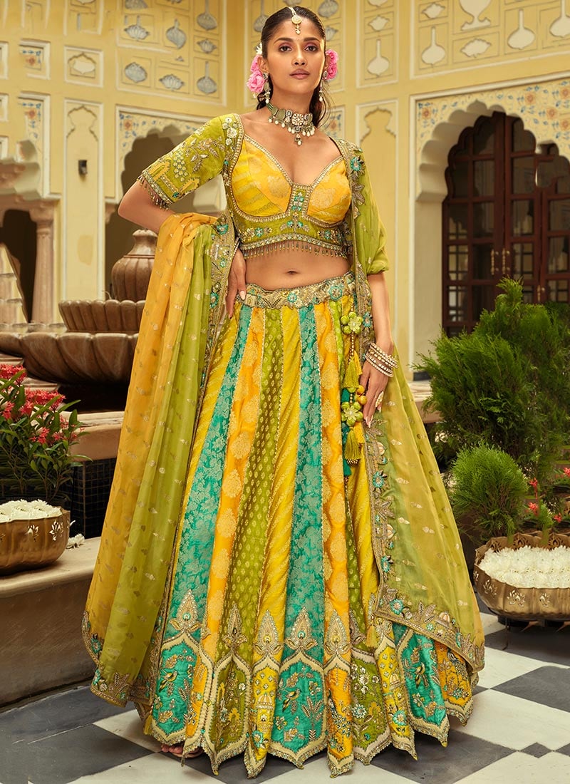 Multicolored Silk Embroidered Sequins Mirror Work Cut Work Stones Thread Umbrella Lehenga Wedding Wear