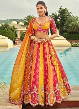 Multicolored Silk Embroidered Sequins Mirror Work Cut Work Stones Thread Umbrella Lehenga