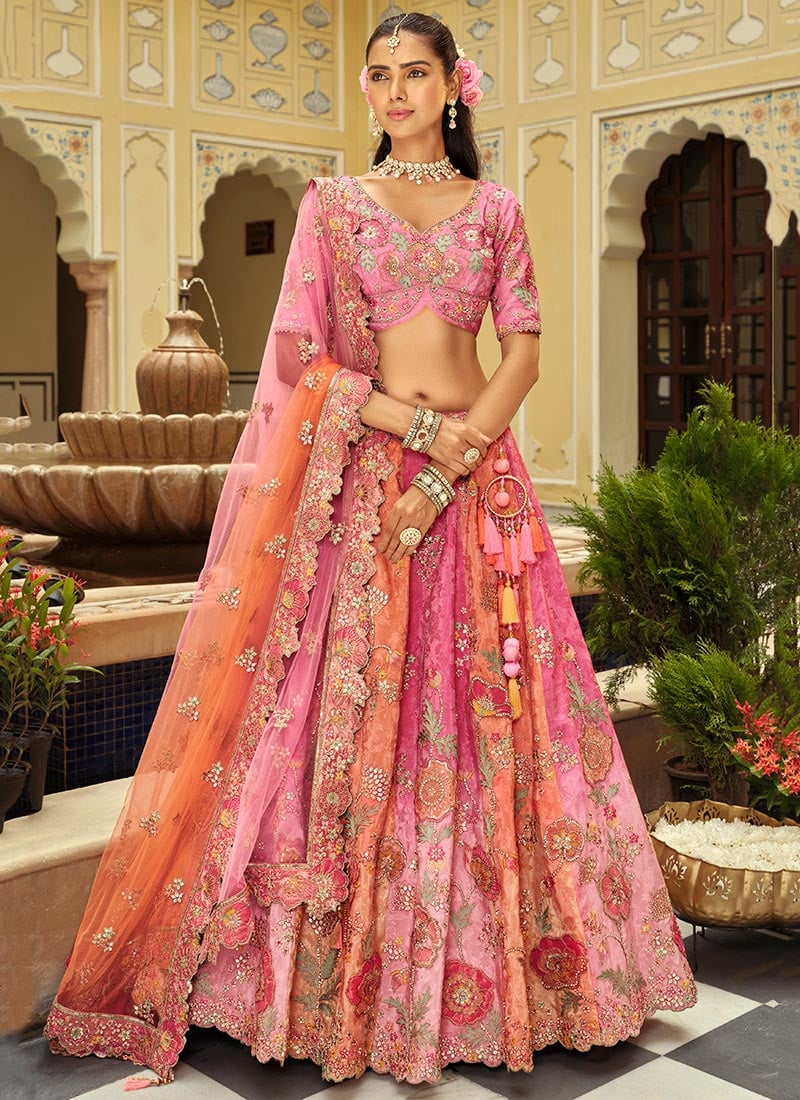 Multicolored Silk Embroidered Sequins Mirror Work Cut Work Stones Thread Umbrella Lehenga Wedding Wear