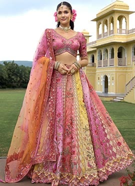 Multicolored Silk Zari Embroidered Sequins With Stone Work Lehenga