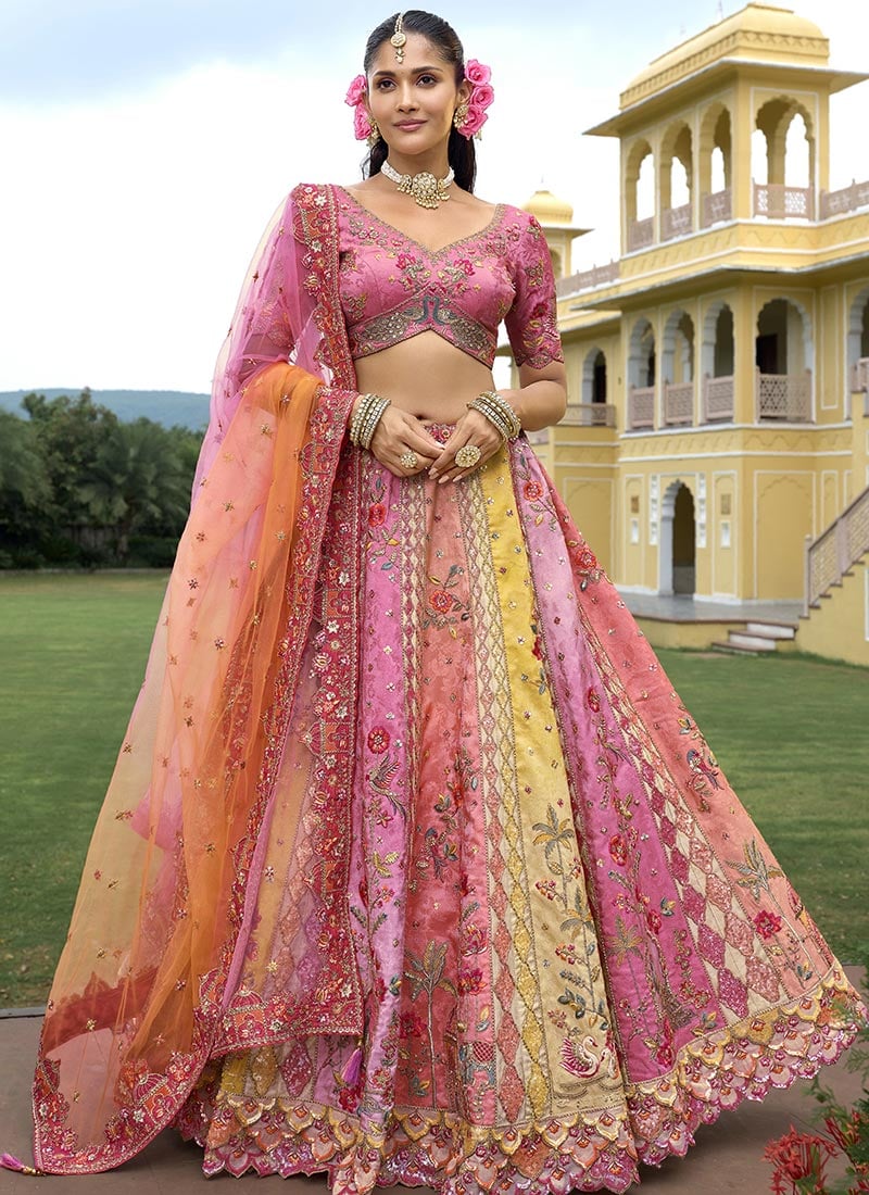 Multicolored Silk Zari Embroidered Sequins With Stone Work Lehenga Wedding Wear