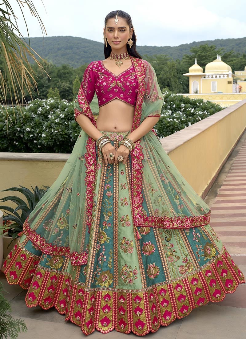 Multicolored Silk Zari Embroidered Sequins With Stone Work Lehenga Wedding Wear