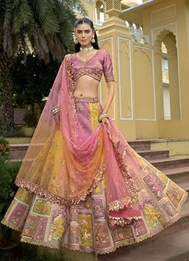 Multicolored Silk Zari Embroidered Sequins With Stone Work Lehenga