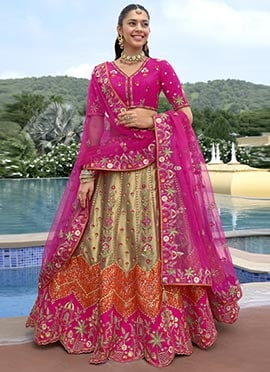 Multicolored Silk Zari Embroidered Sequins With Stone Work Lehenga