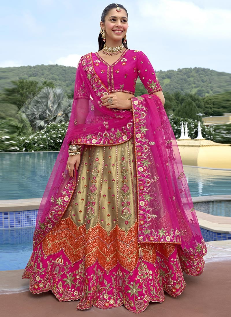 Multicolored Silk Zari Embroidered Sequins With Stone Work Lehenga Wedding Wear