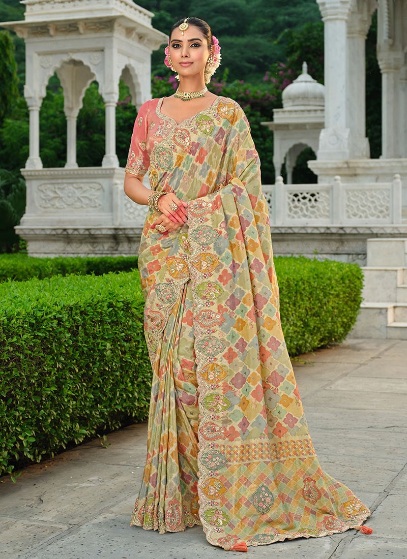 Multicolored Silk Zari Resham Sequins Embroidered Stone Printed Saree Wedding Wear