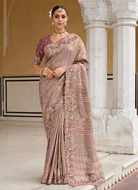 Multicolored Silk Zari Resham Sequins Embroidered Stone Printed Saree