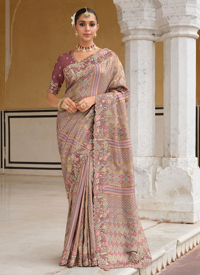 Multicolored Silk Zari Resham Sequins Embroidered Stone Printed Saree Wedding Wear