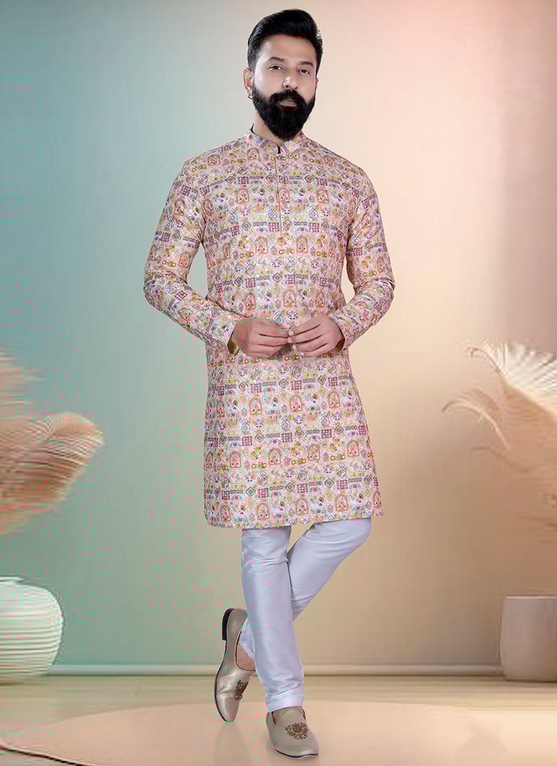 Multicolored Soft Cotton Embroidered Kurta Pyjama Festive Wear