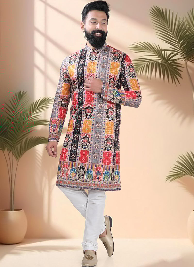 Multicolored Soft Cotton Embroidered Sequins And Printed Kurta Pyjama Festive Wear