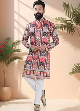 Multicolored Soft Cotton Embroidered Sequins And Printed Kurta Pyjama