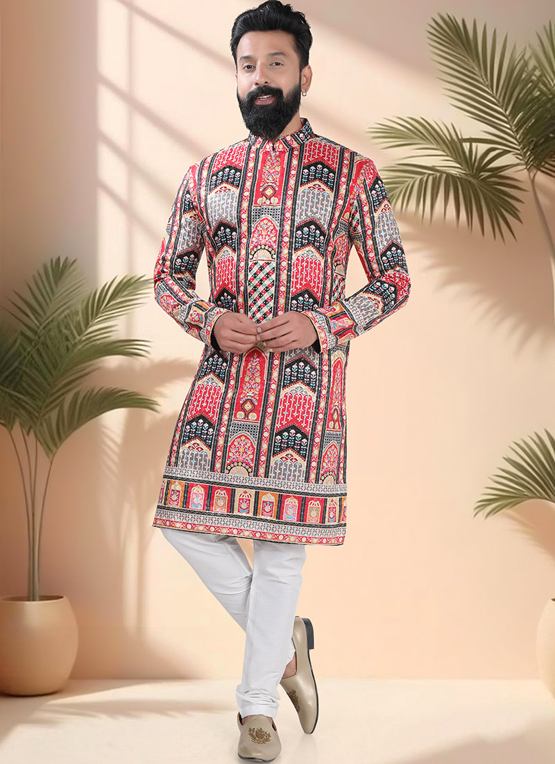 Multicolored Soft Cotton Embroidered Sequins And Printed Kurta Pyjama Festive Wear