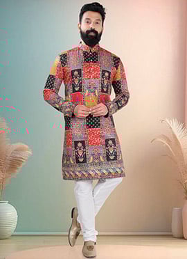 Multicolored Soft Cotton Thread Embroidered Sequins Printed Kurta Pyjama