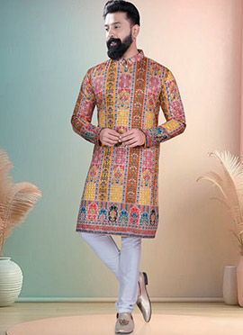 Multicolored Soft Cotton Thread Embroidered Sequins Printed Kurta Pyjama