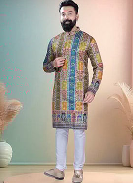 Multicolored Soft Cotton Thread Embroidered Sequins Printed Kurta Pyjama