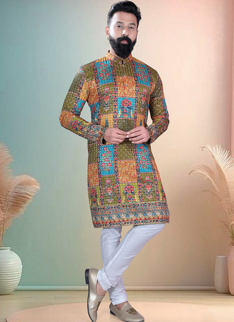 Multicolored Soft Cotton Thread Embroidered Sequins Printed Kurta Pyjama Festive Wear