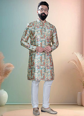 Multicolored Soft Cotton Thread Embroidered Sequins Printed Kurta Pyjama