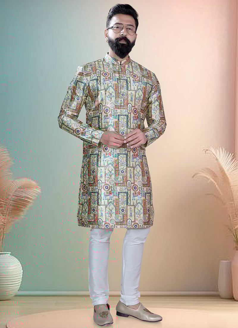 Multicolored Soft Cotton Thread Embroidered Sequins Printed Kurta Pyjama Festive Wear