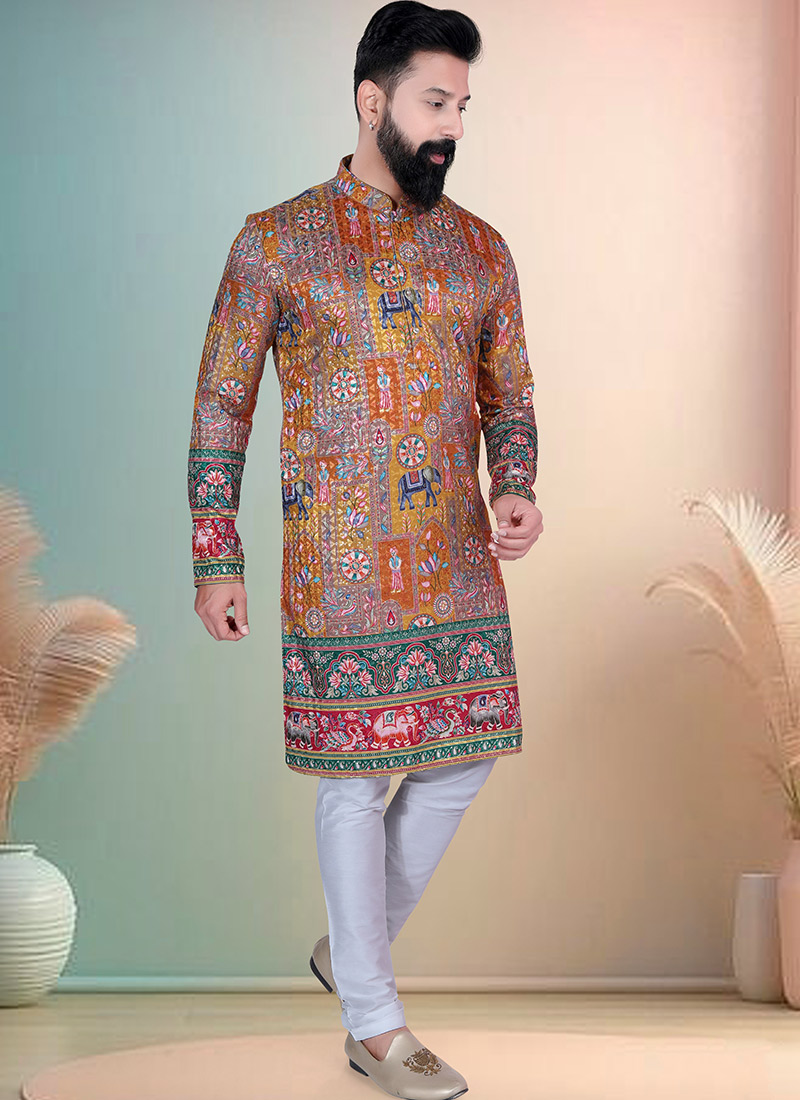 Multicolored Soft Cotton Thread Embroidered Sequins Printed Kurta Pyjama Festive Wear