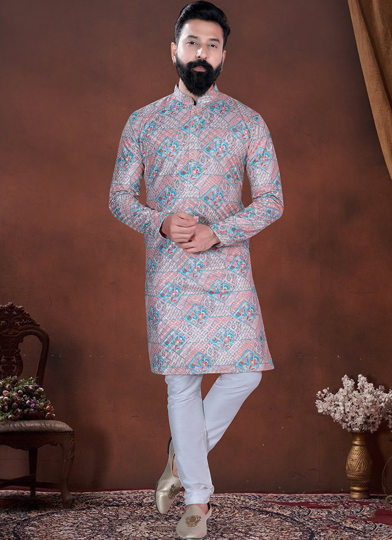Multicolored Soft Cotton Thread Embroidered Sequins Printed Kurta Pyjama Festive Wear