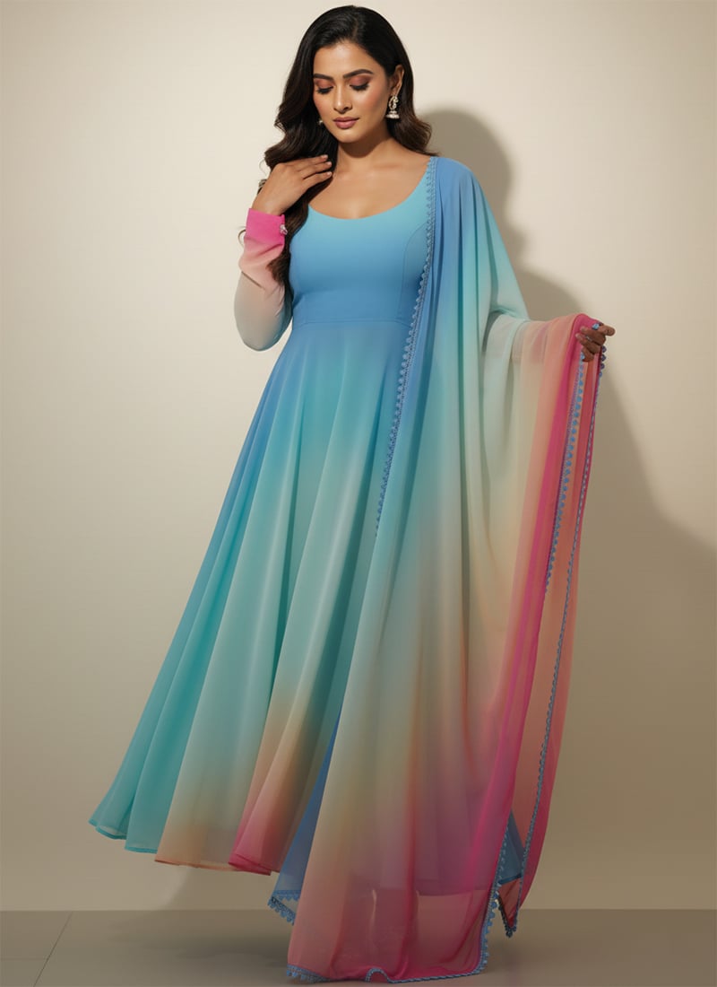 Multicolored Soft Georgette Tie N Dye Anarkali Suit After Six Wear