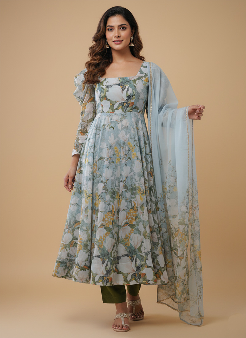 Multicolored Soft Organza Silk Digital Print Anarkali Suit After Six Wear