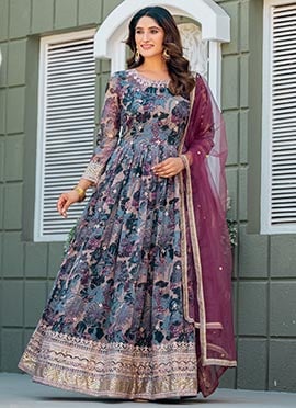 Multicolored Tabby Silk Embroidered Anarkali Suit