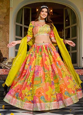 Multicolored Taby Silk Digital Print Umbrella Lehenga With Zari Sequins