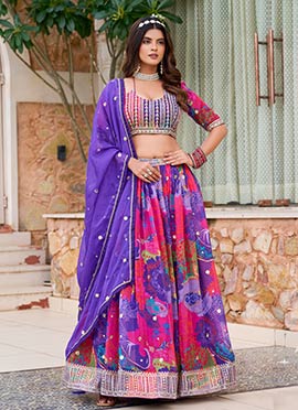 Multicolored Taby Silk Umbrella Lehenga With Digital Print Zari Sequins Wedding Wear