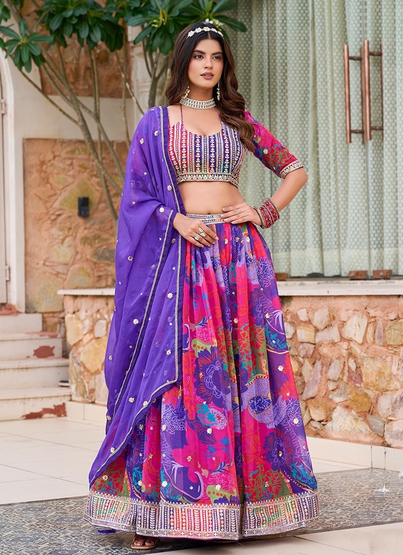 Multicolored Taby Silk Umbrella Lehenga With Digital Print Zari Sequins Wedding Wear