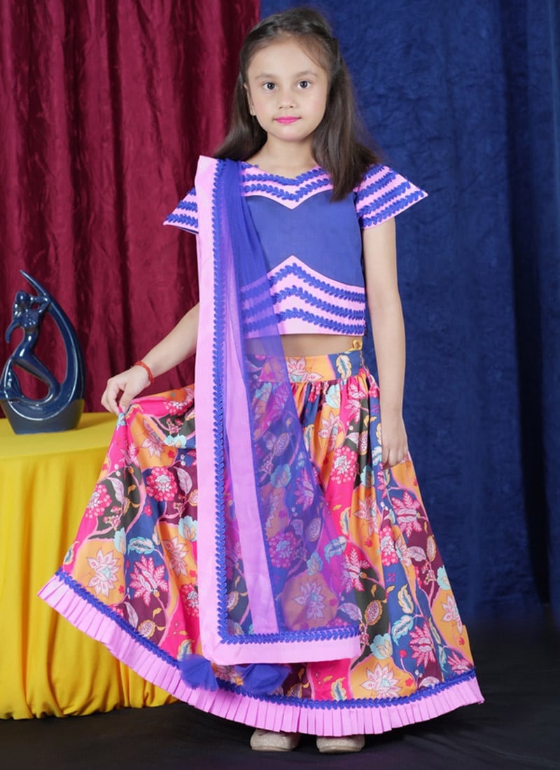 Multicolored Taffeta Printed Kids Girls Lehenga