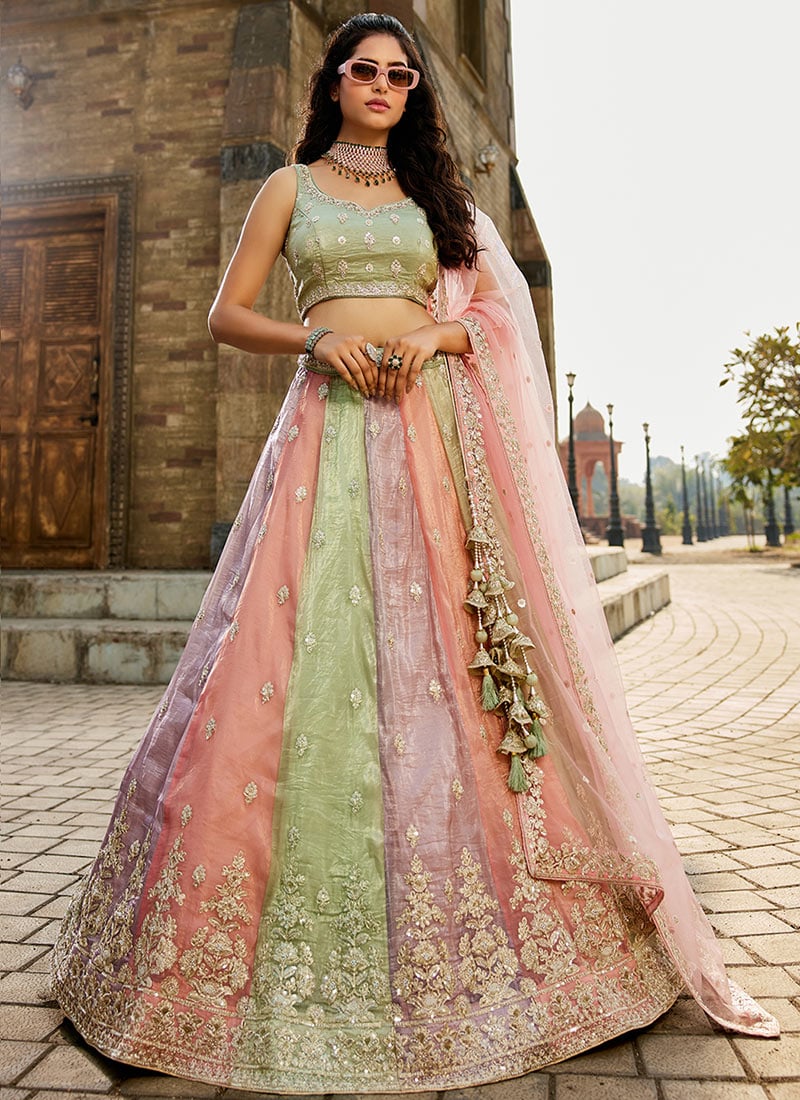 Multicolored Tissue Embroidered Sequins With Moti Work Lehenga Wedding Wear